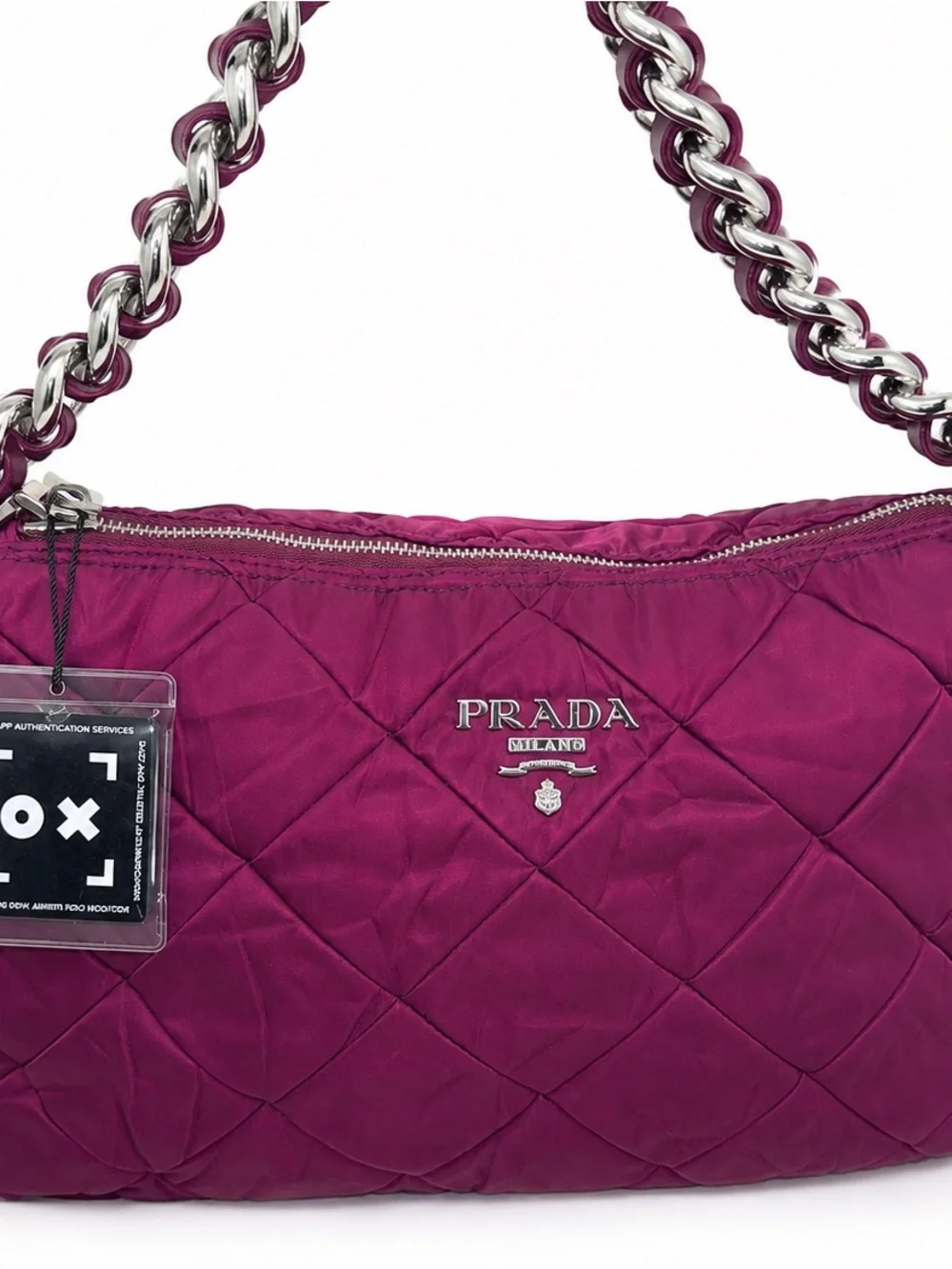 Prada Quilted Nylon Chain Shoulder Bag Burgundy Fuchsia Silver Hardware